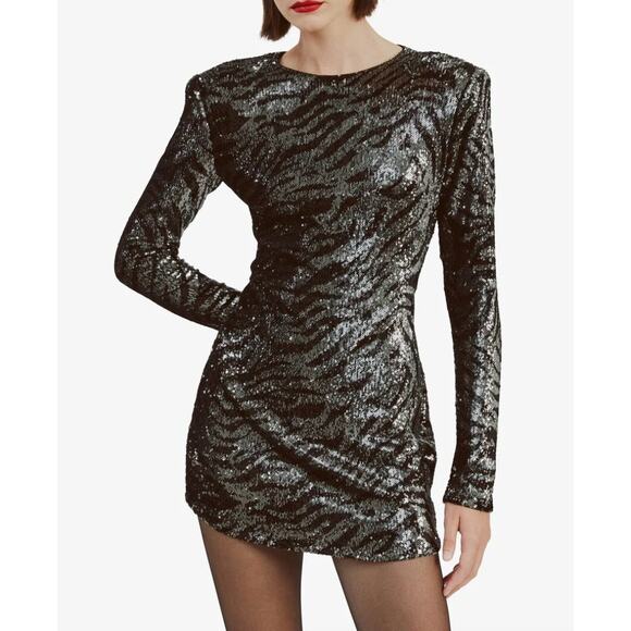 Bardot Alessia Sequin Tiger Stripe Mini Dress | Sz 12, Black Silver NWT $179 - Picture 1 of 5